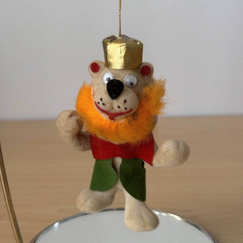 Vintage‎ 60s Flocked Circus Christmas Ornament Lion w/ Google Eyes Funny Kitsch